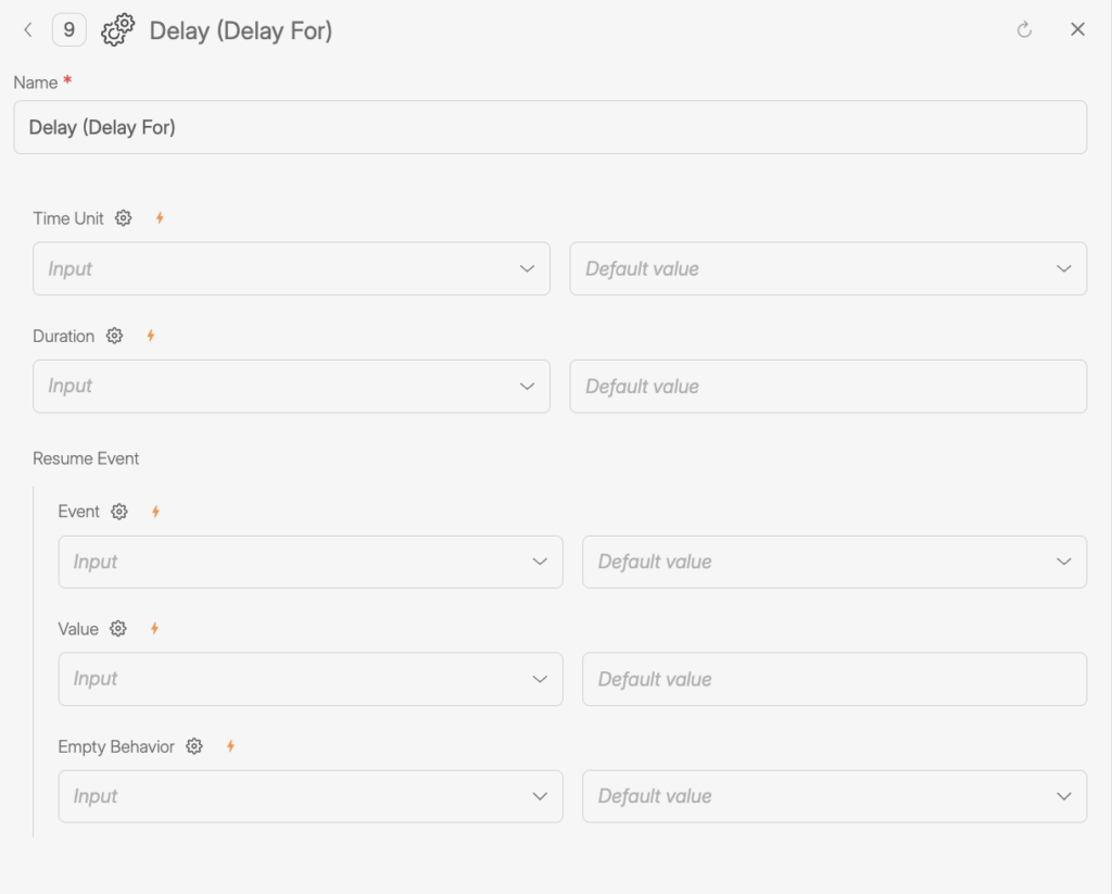 Screenshot of the Wiresk Delay (Delay For) tool configuration showing fields for time unit, duration, and optional resume event settings including event name, value, and empty behavior to control when a Flow resumes after a delay.