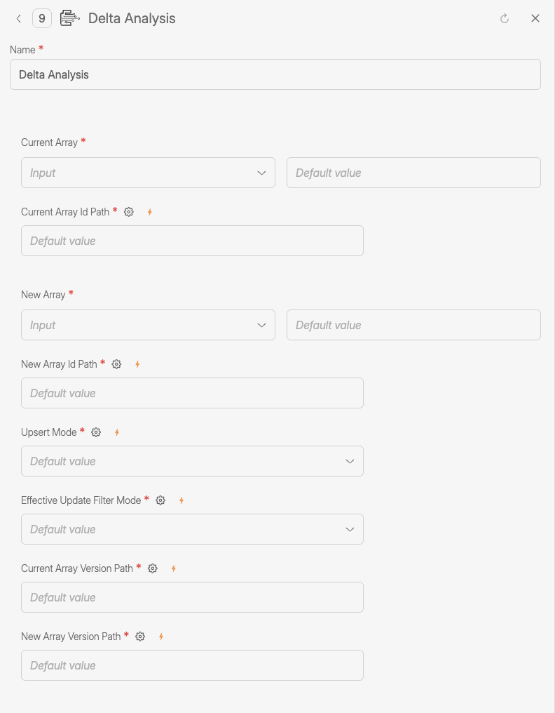 Delta Analysis tool configuration panel showing fields to compare a current array and a new array. The screen includes inputs for current array and JSON path, new array and JSON path, upsert mode selection, effective update filter mode, and optional version paths for current and new arrays.