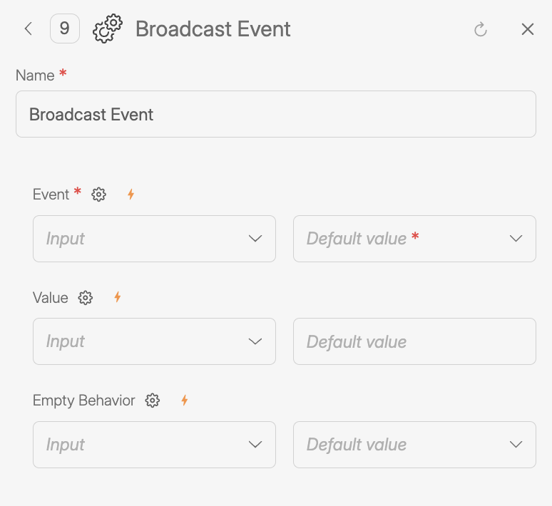 Screenshot of the Broadcast Event tool configuration panel in Wiresk, displaying fields for Event (required), Value, and Empty Behavior, with options for input mapping and default values.