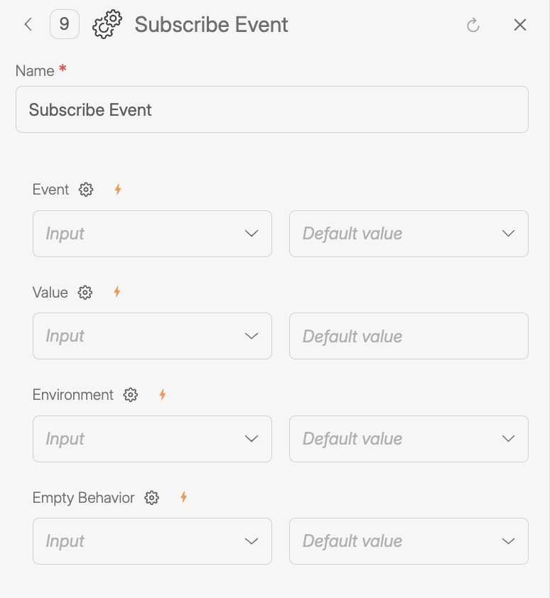 Screenshot of the Subscribe Event tool configuration panel in Wiresk, showing fields for Event, Value, Environment, and Empty Behavior, each supporting input mapping or default values.
