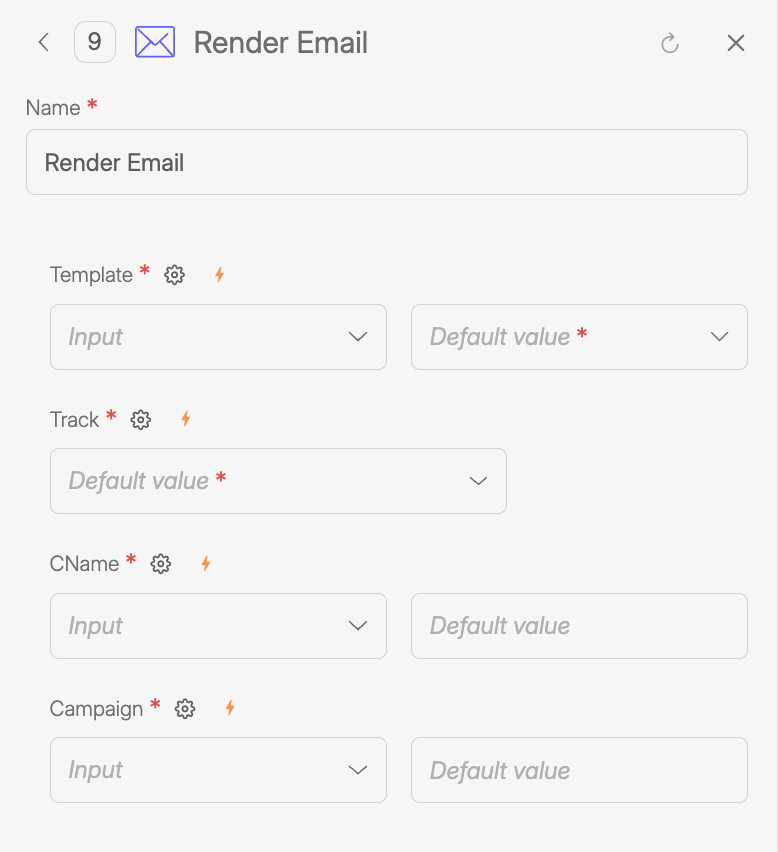 Render Email tool configuration panel showing fields to generate an email from a template. The screen includes inputs for selecting the email template, enabling tracking, optional CNAME configuration, and campaign identification, with options for dynamic input or default values.
