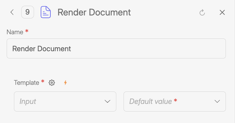 Render Document tool configuration panel showing the setup to generate a document from a selected template. The screen includes a required Template field with options to use dynamic input or a default value, along with the tool name and standard configuration controls.