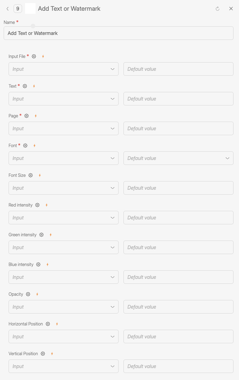 Add Text or Watermark tool configuration panel showing options to insert text onto a document or image. The screen includes fields for input file, text content, target page, font and font size, RGB color intensities, opacity, and horizontal and vertical positioning. Each field supports input mapping or default values, allowing precise control over watermark appearance and placement.