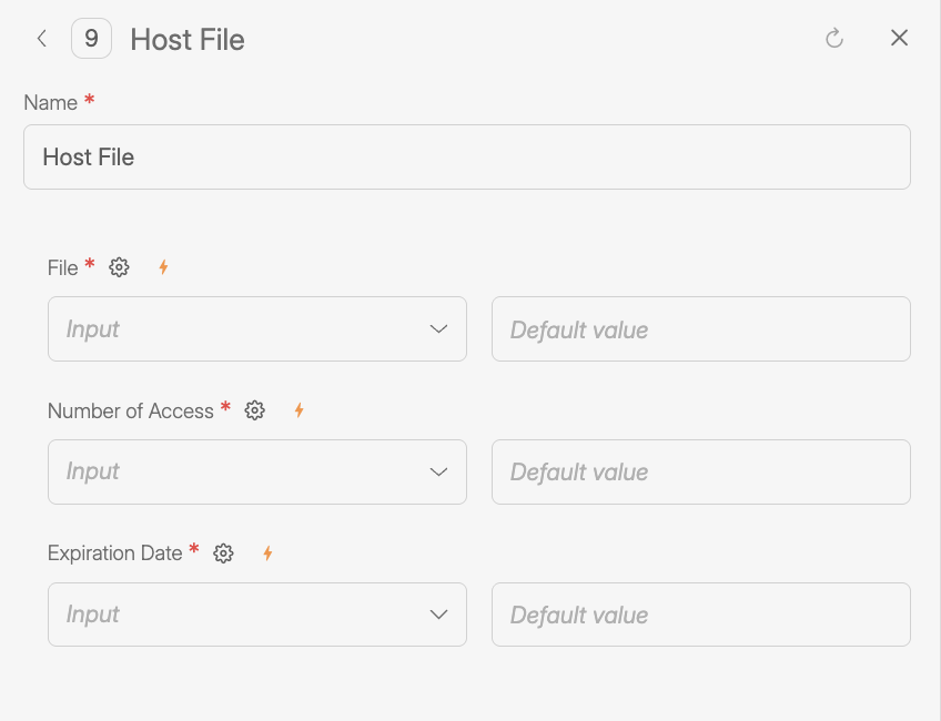 Host File tool configuration panel showing fields to publish a file with controlled access. The screen includes inputs for selecting the file, defining the maximum number of allowed accesses, and setting an expiration date. Each field supports input mapping or default values to control file availability and access limits.
