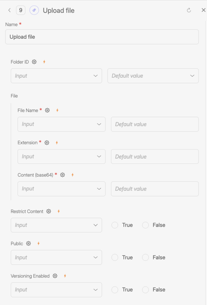 Upload File tool configuration panel for Wiresk Resources. The screen shows fields to select a destination Folder ID, define file metadata including file name, extension, and base64-encoded content, and set access options. Additional toggles allow restricting content, making the file public or private, and enabling file versioning. All fields support input mapping or default values.