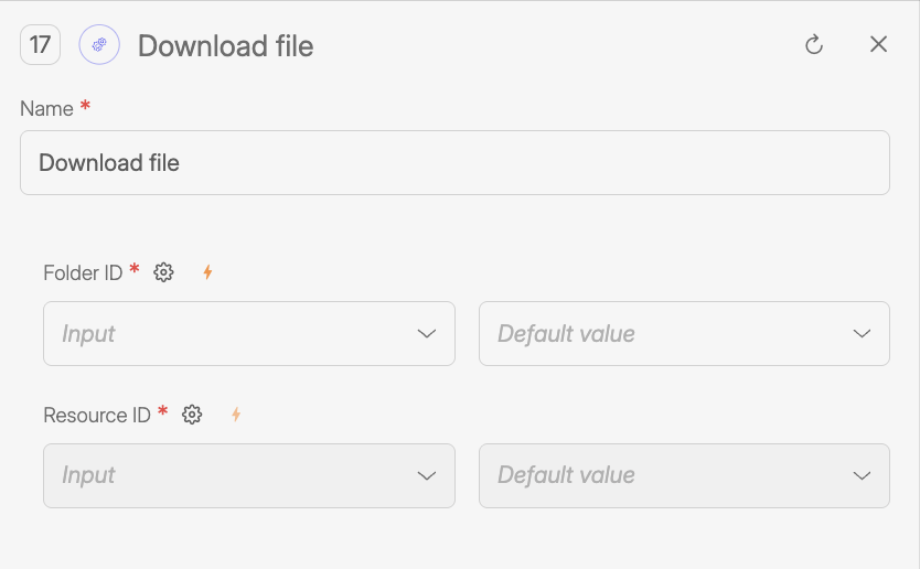 Download File tool configuration panel for Wiresk Resources. The interface shows required fields to select the Folder ID, including the root option (No Folder), and the Resource ID of the file to retrieve. The tool is used to download a stored file and return its metadata and base64-encoded content. All fields support input mapping or default values.