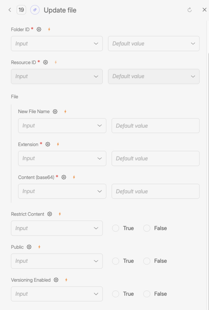 Screenshot of the Wiresk Update file Tool configuration panel, showing required fields for Folder ID and Resource ID, file update inputs including new file name, extension, and base64 content, plus options for restrict content, public access, and versioning enablement.samesame
