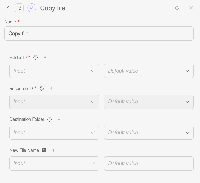 Screenshot of the Wiresk Copy File Tool configuration panel, showing fields for Folder ID and Resource ID to select the source file, a Destination Folder field to define where the copy will be created, and an optional New File Name field to rename the copied file.