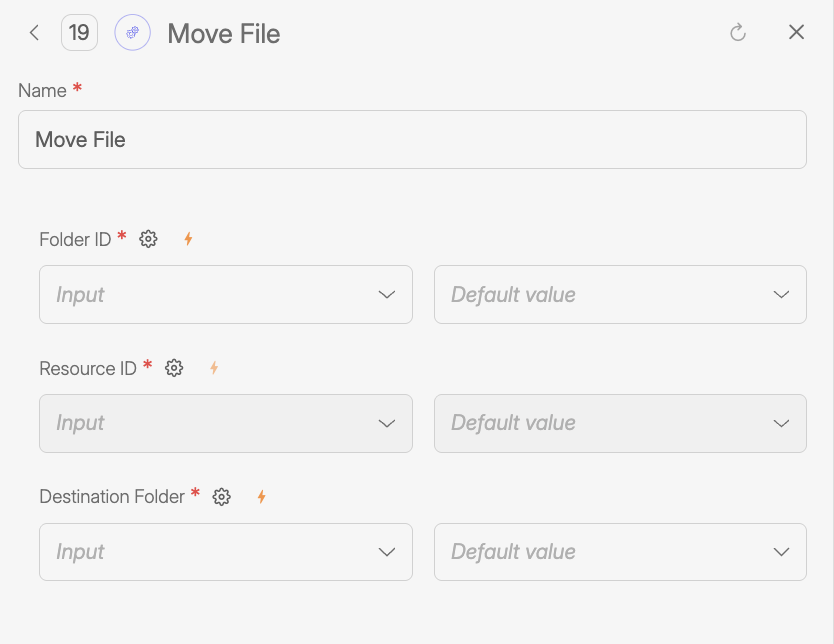 Screenshot of the Wiresk Move File Tool configuration panel, showing fields for Folder ID and Resource ID to identify the source file, and a Destination Folder field to define the target folder where the file will be moved.