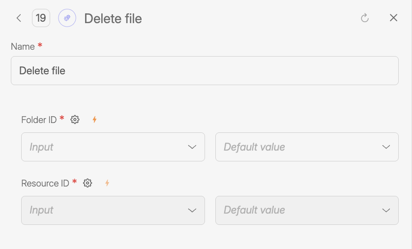 Screenshot of the Wiresk Delete File Tool configuration panel, showing required fields for Folder ID and Resource ID used to identify and permanently remove a file from the selected Resource folder.