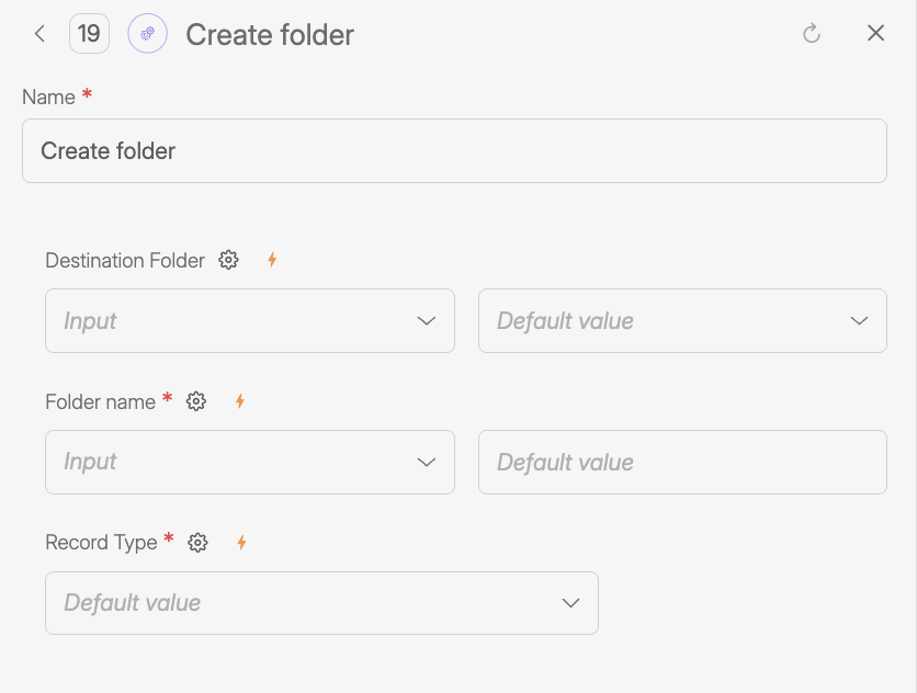 Screenshot of the Wiresk Create Folder Tool configuration panel, showing fields to define the destination folder, the new folder name, and the record type selection, which should be set to Resource to create a folder inside Wiresk Resources.
