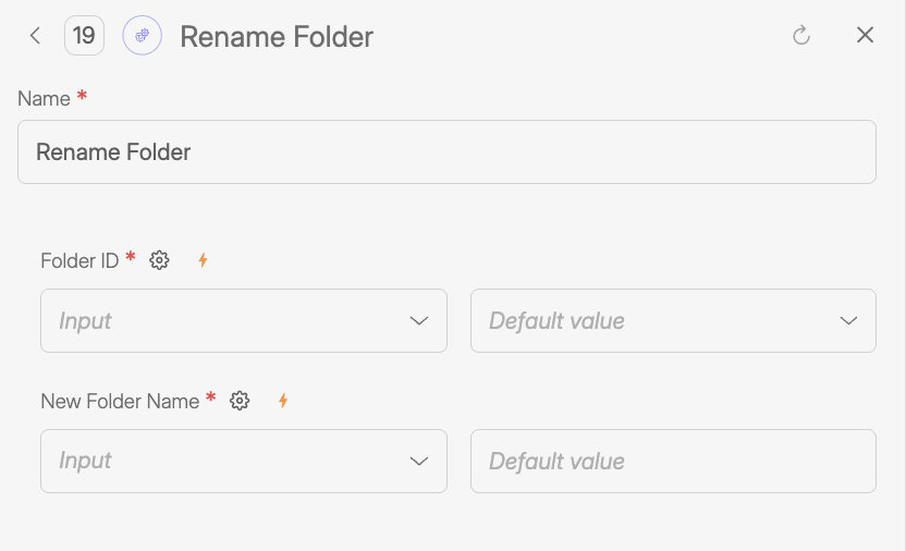 Screenshot of the Wiresk Rename Folder Tool configuration panel, showing fields to select the Folder ID of an existing Resource folder and define the new folder name to apply within Wiresk Resources.