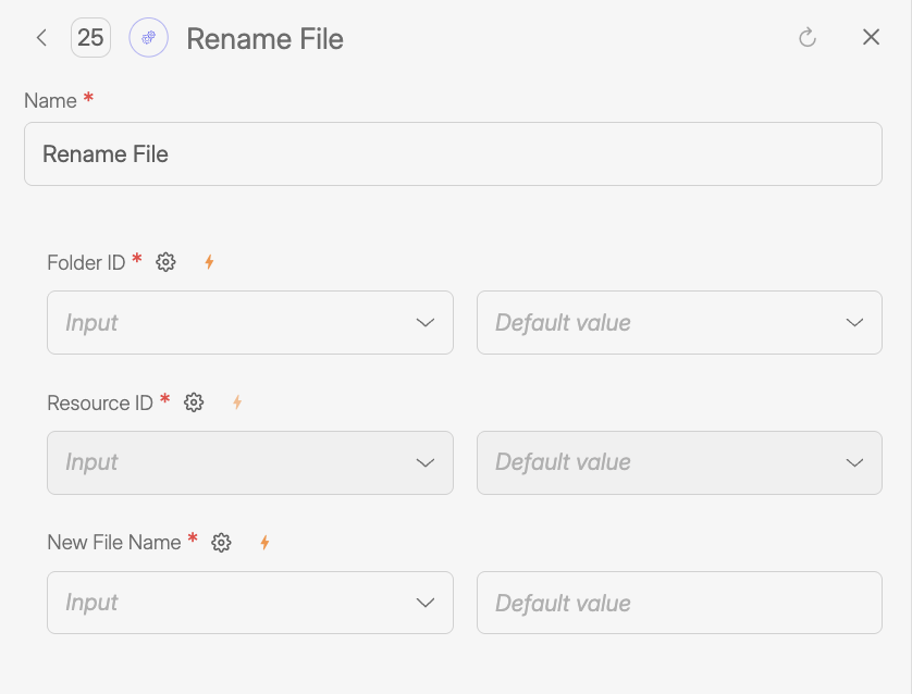 Screenshot of the Wiresk Rename File Tool configuration panel, showing required fields for Folder ID and Resource ID, and an input field to define the new file name for an existing file.
