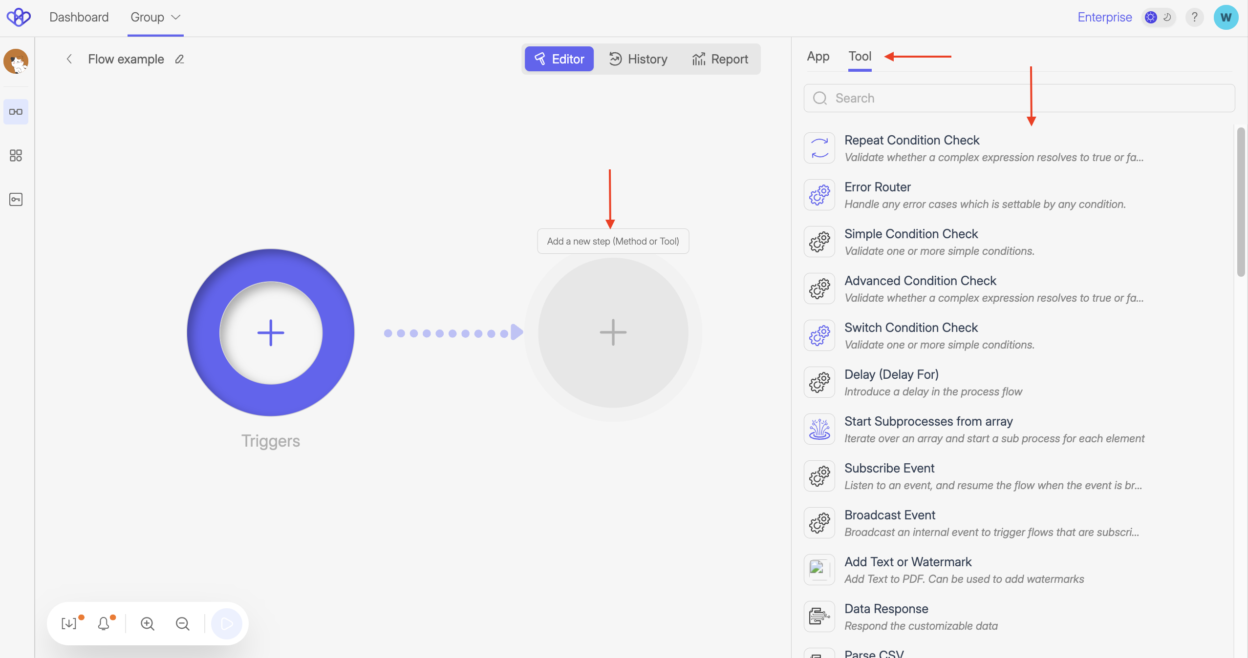 Screenshot of Wiresk Flow Builder. It shows how to add Tools in your Flow. Red arrows show where to select to reach the list of Tools.