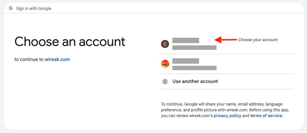 Selection screen of Google Account to link with Wiresk.