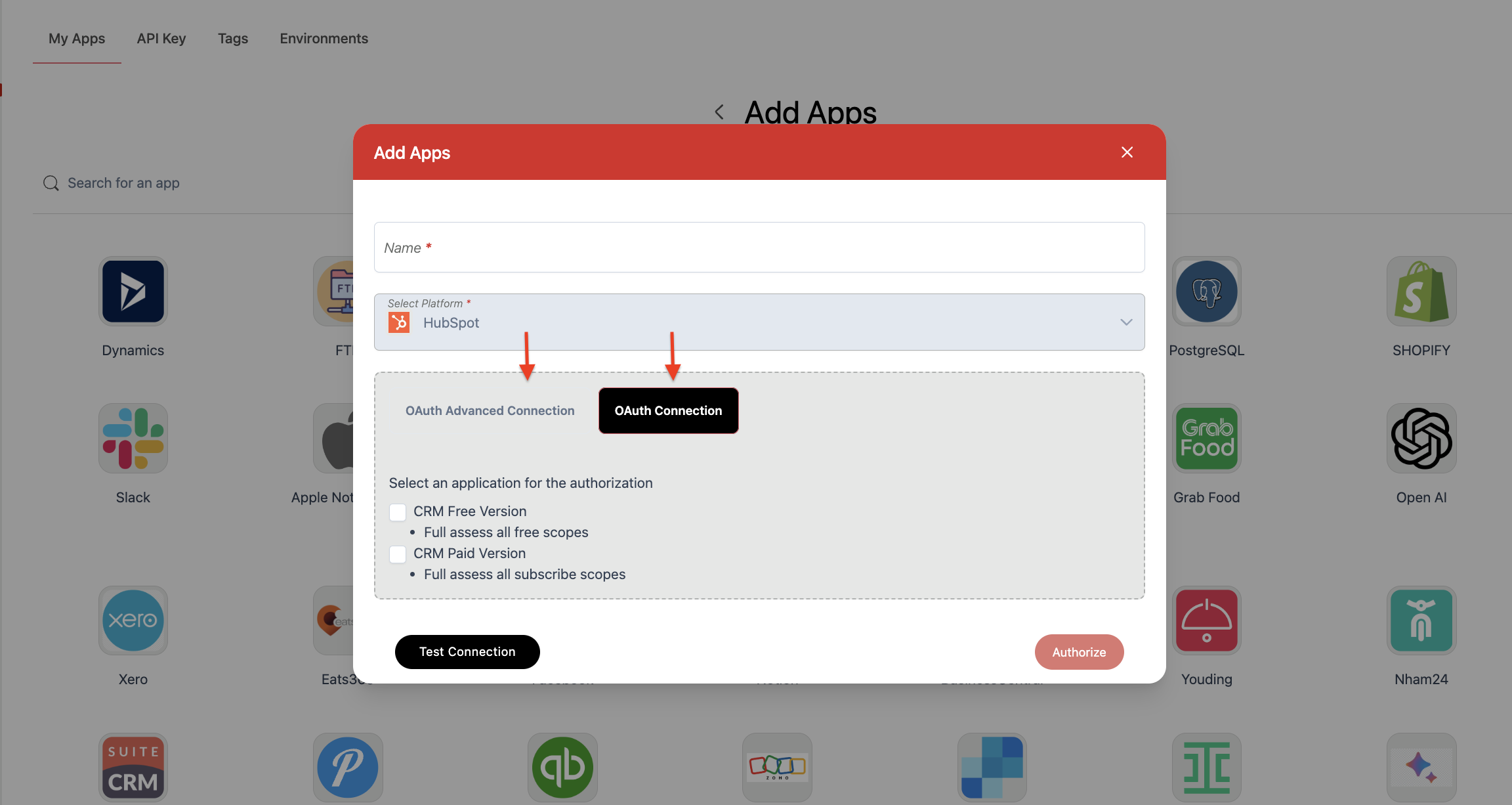 Screenshot of Wiresk "add apps" screen. it shows there are 2 types of connection such as : Oauth Advanced connection and Oauth Connection.