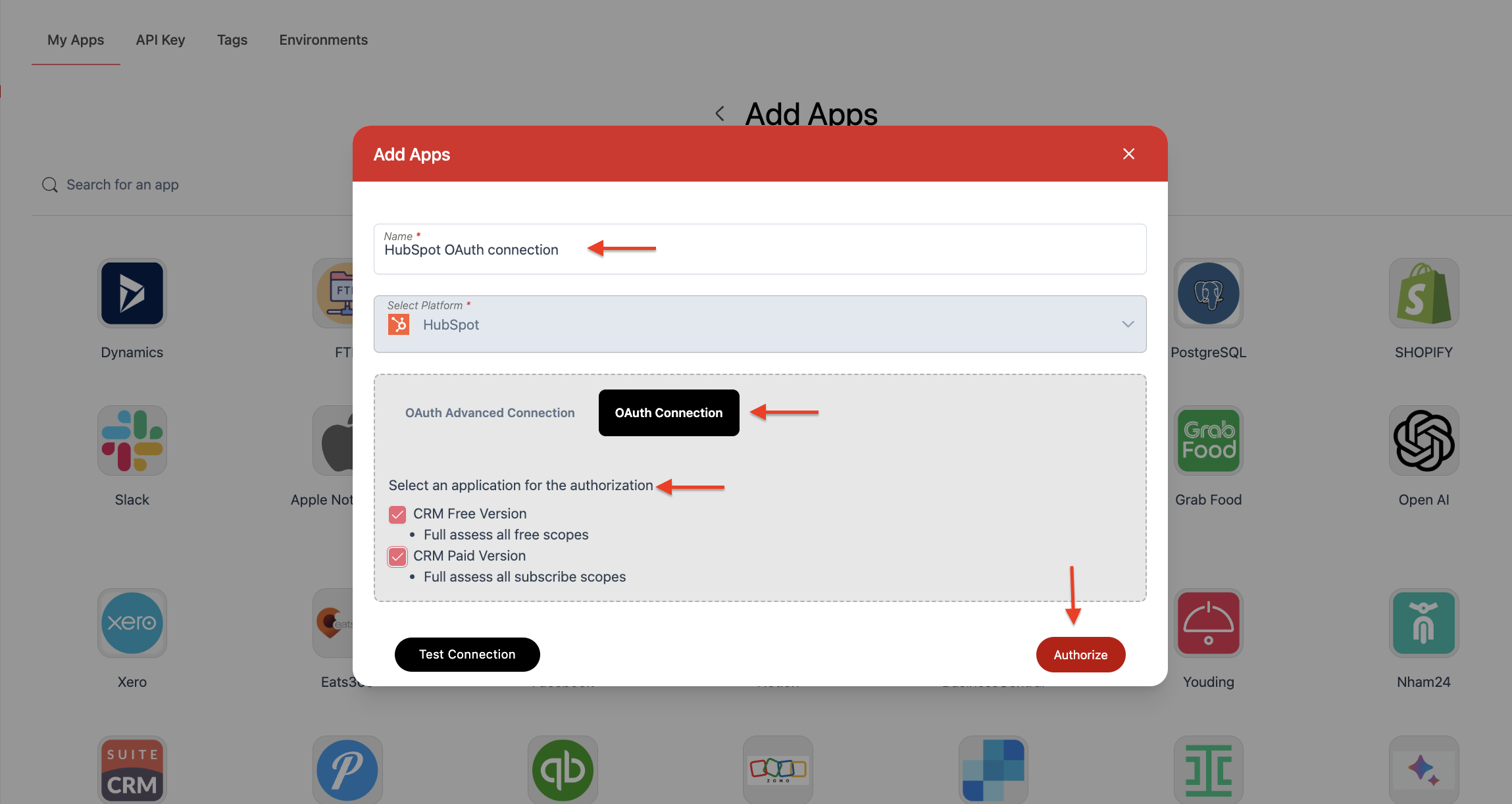 Screenshot of Wiresk Add apps screen. Showing the settings for the OAuth Connection. Red arrows point to fields required for settings.