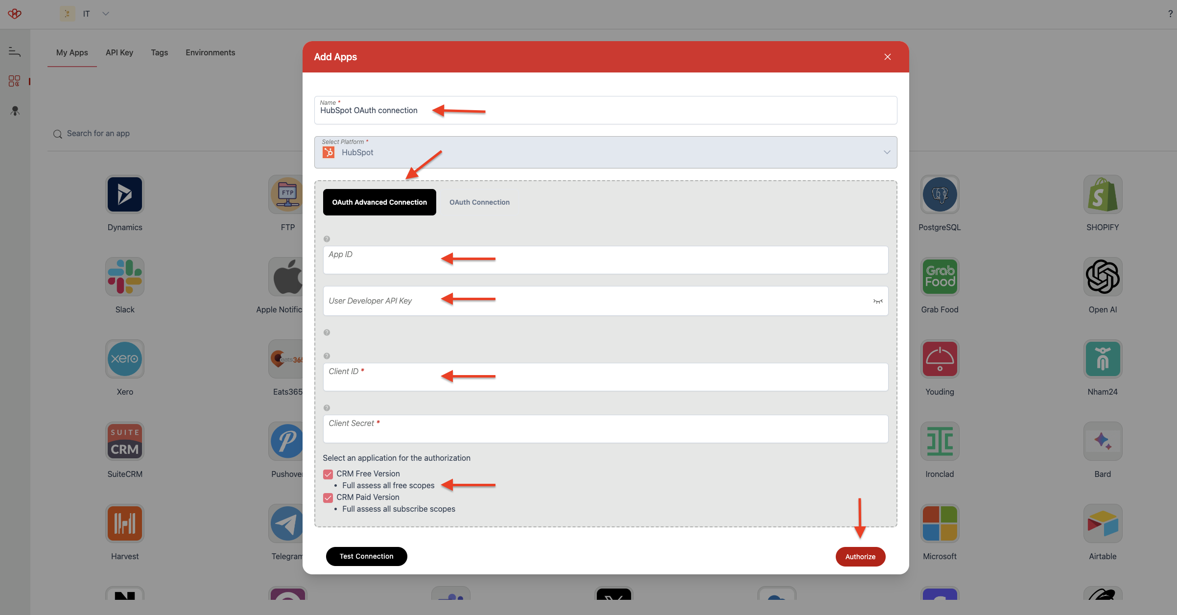 Screenshot of Wiresk Add apps screen. Red arrows point to required field for setting instructions.