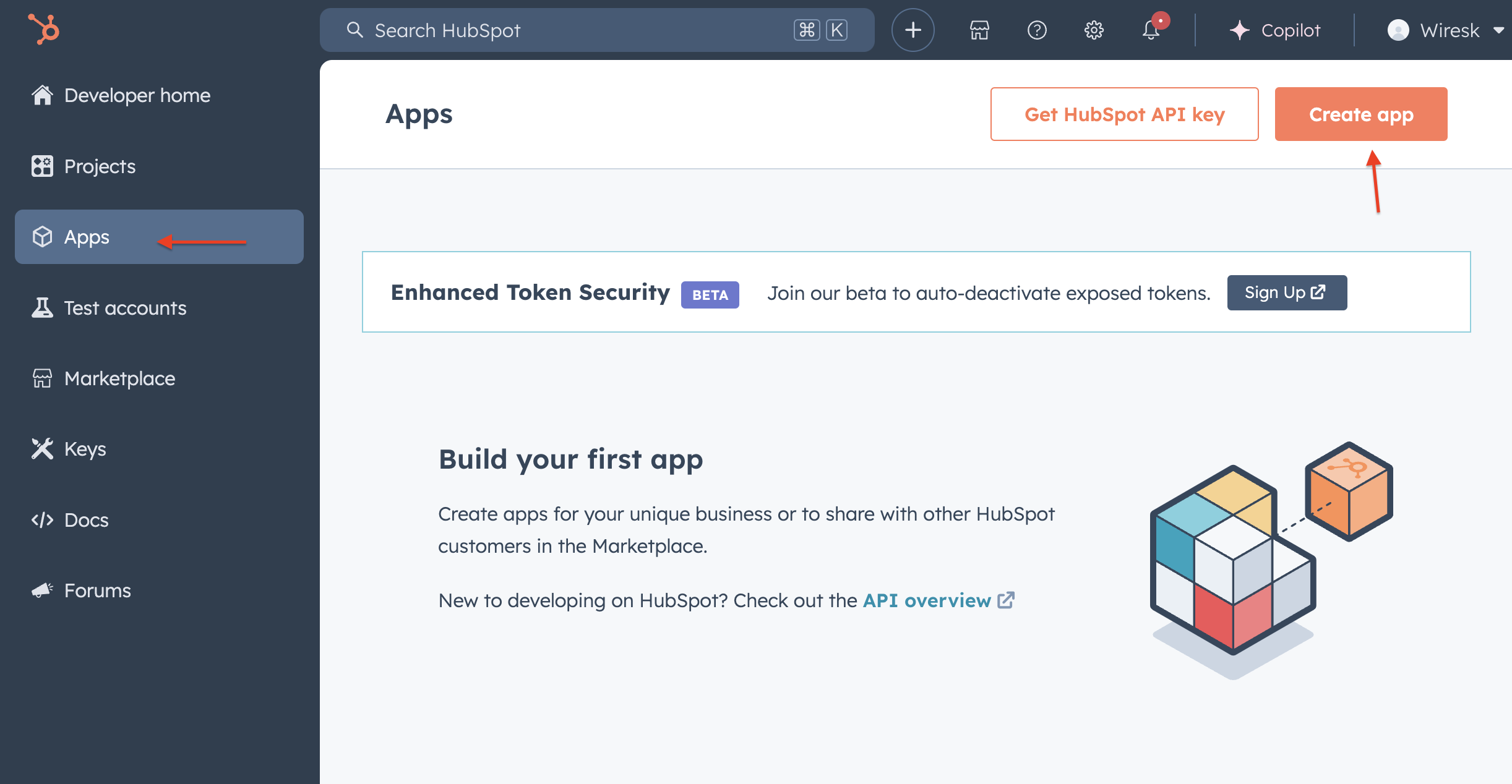 Screenshot of HubSpot dev account. Red arrows point to "create app" button and "apps" section, on the left panel.