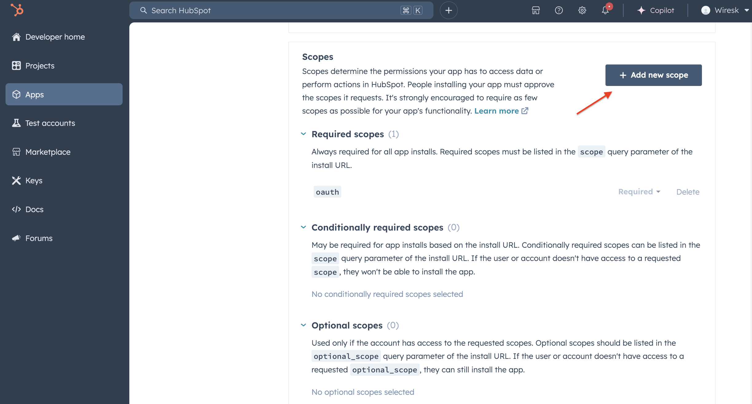 Screenshot of HubSpot dev Apps tab. Red arrows point to Add new scope button.