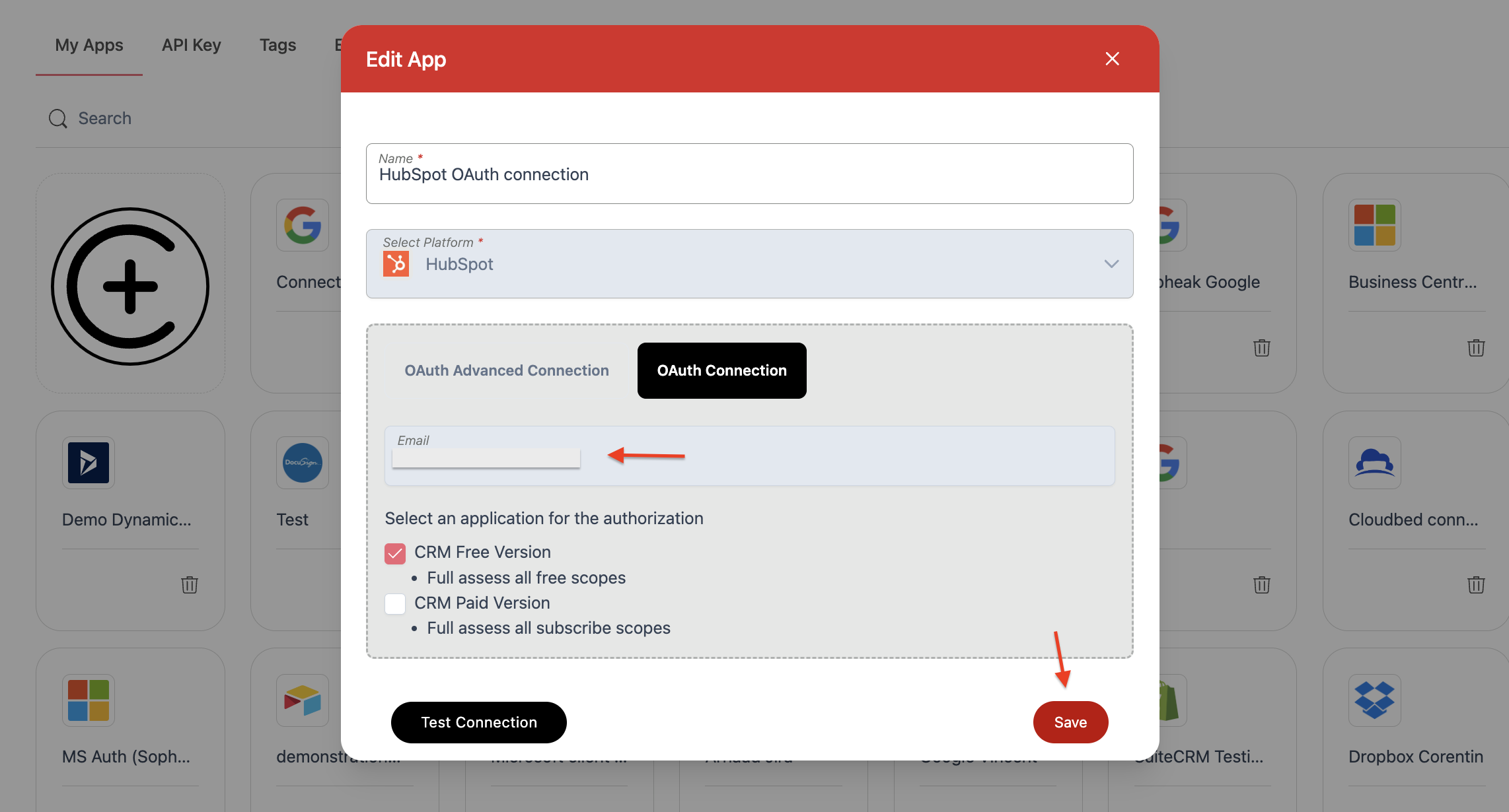 Screenshot of Wiresk Connection App. This screen is the following step after giving permission to wiresk in HubSpot. Red arrows point to field email and save button.