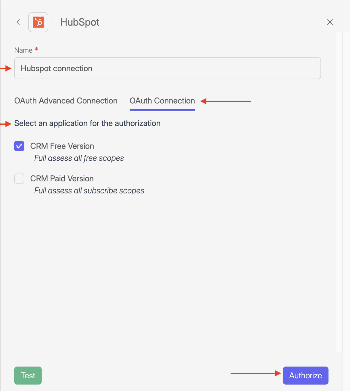 Screenshot of Wiresk Add apps screen. Showing the settings for the OAuth Connection. Red arrows point to fields required for settings.