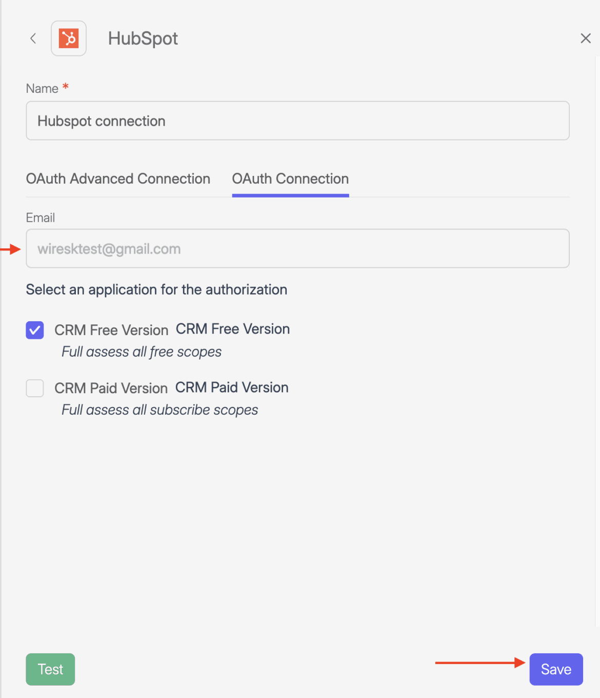 Screenshot of Wiresk Connection App. This screen is the following step after giving permission to wiresk in HubSpot. Red arrows point to field email and save button.