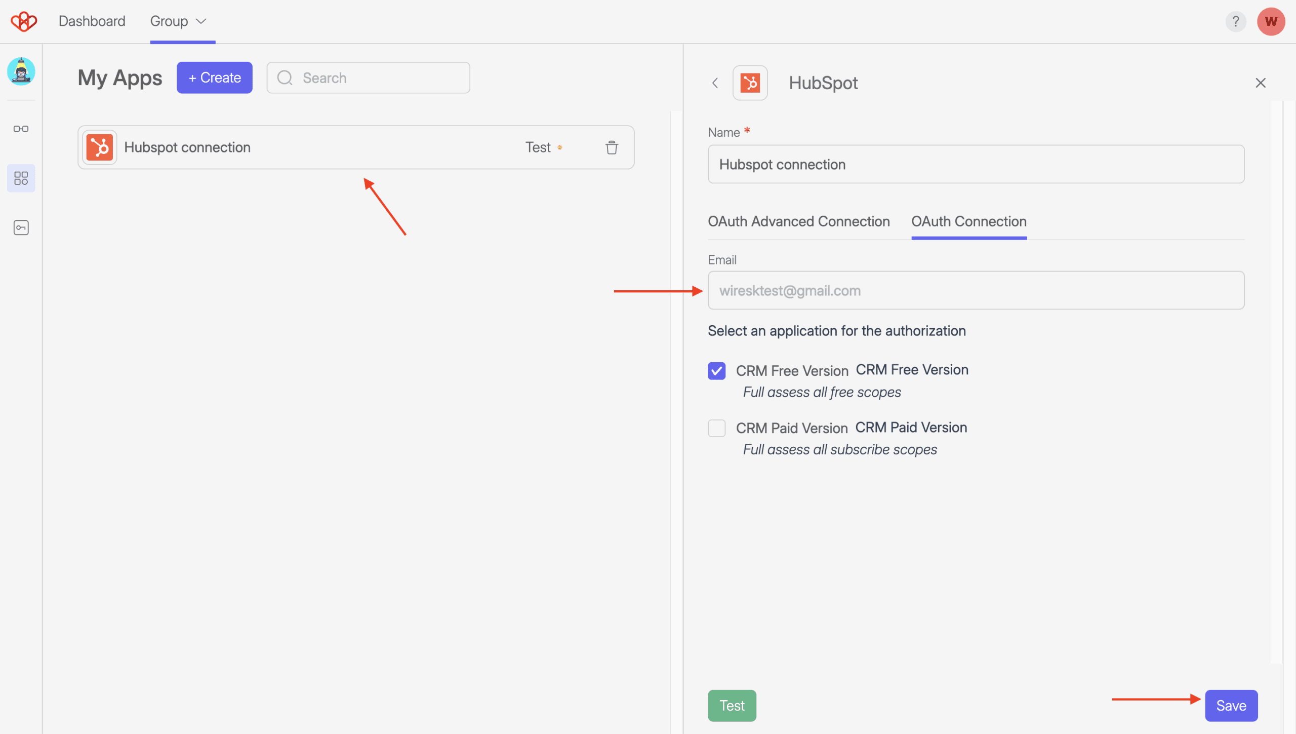 HubSpot CRM Connection and Settings 8 Screenshot of Wiresk Connection App. This screen is the following step after giving permission to wiresk in HubSpot. Red arrows point to field email and save button.