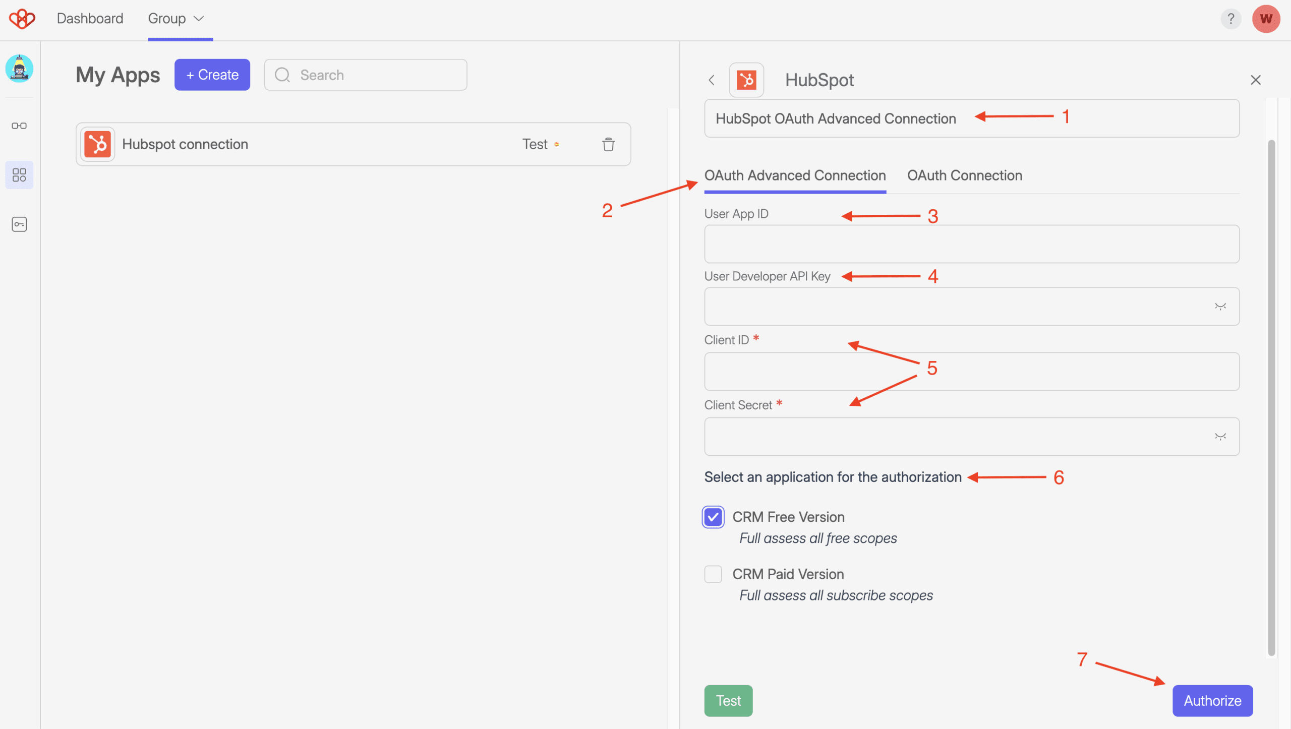 HubSpot CRM Connection and Settings 14 Screenshot of Wiresk Add apps screen. Red arrows point to required field for setting instructions.
