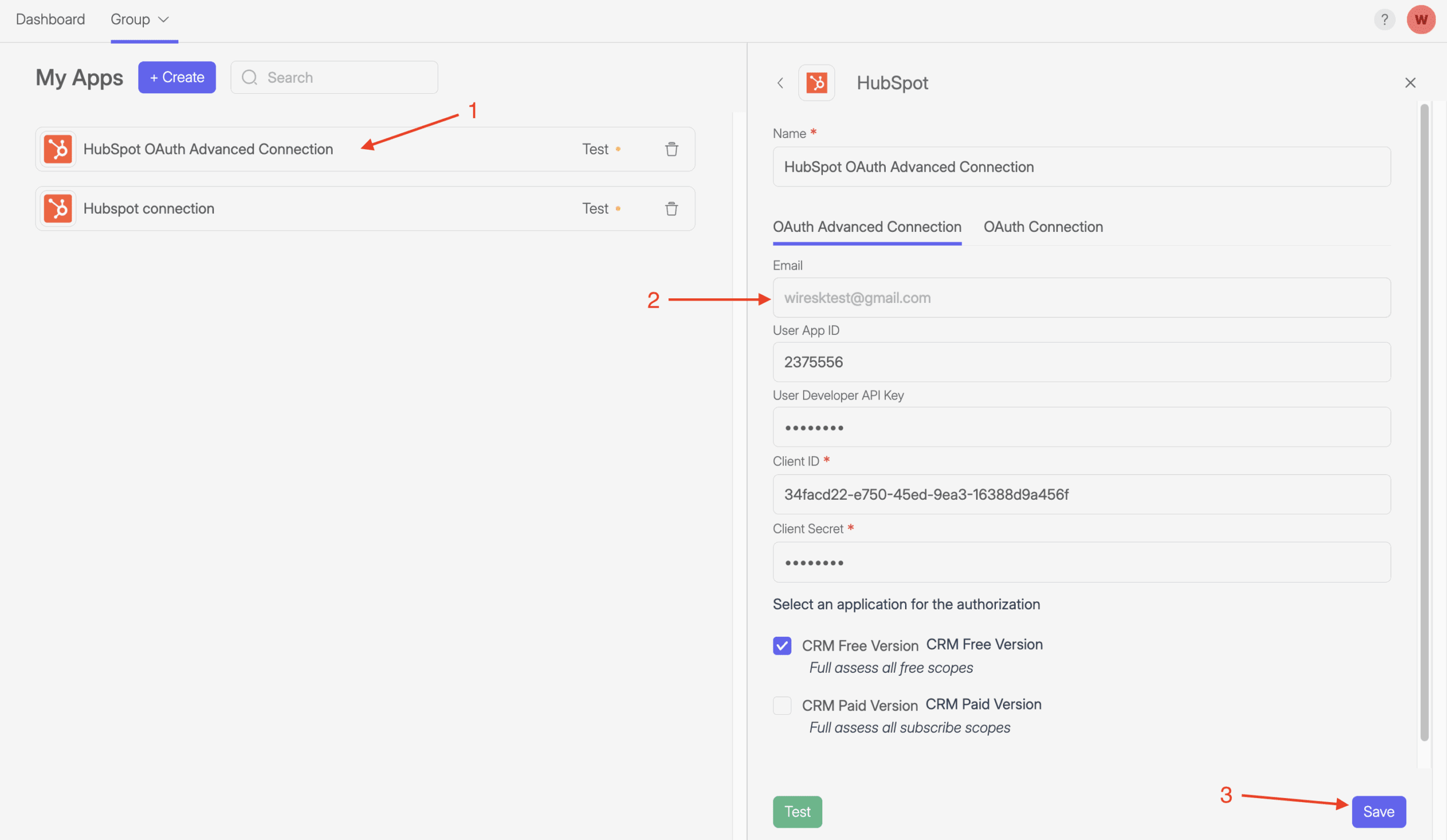 Screenshot of Wiresk "My Apps page". It shows HubSpot OAuth Advanced connection settings panel. Red numbered arrows show different fields and point to the save button.