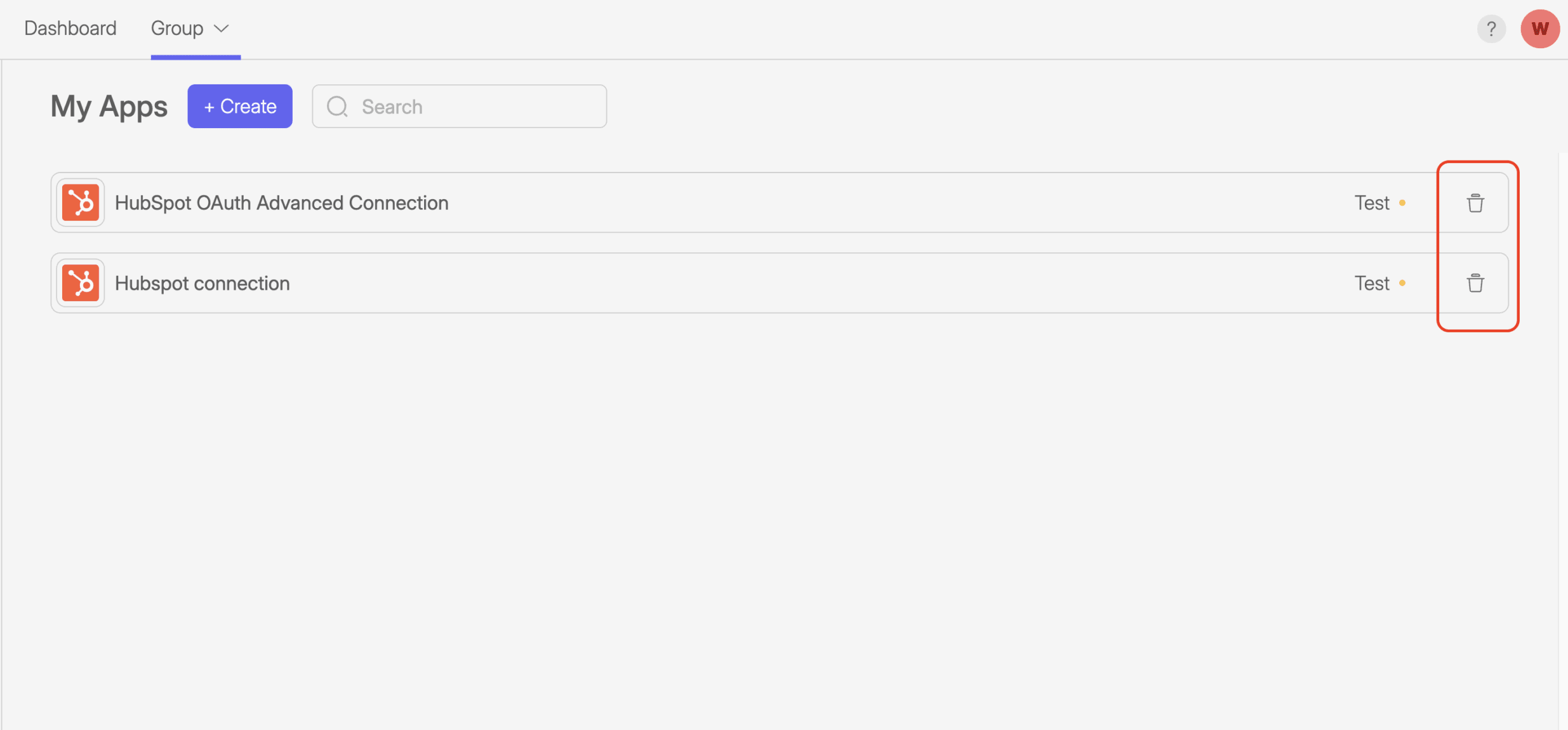Wiresk dashboard showing the “My Apps” section. Two HubSpot connections are listed: “HubSpot OAuth Advanced Connection” and “Hubspot connection.” Each entry has a “Test” option on the right and a trash icon button for deletion, highlighted with a red outline. A blue “+ Create” button and a search bar appear at the top.