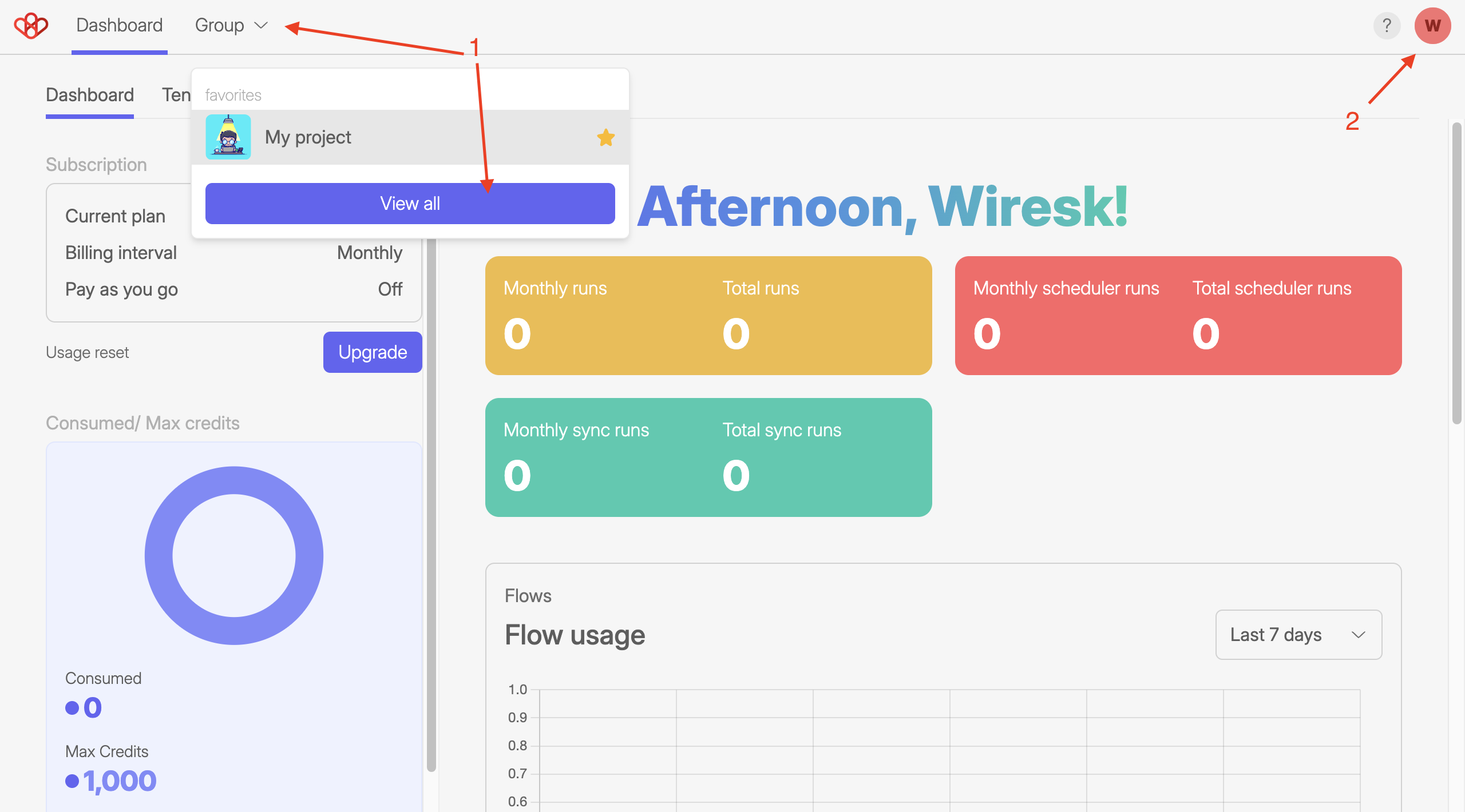 Wiresk's Group System 2 A screenshot of the Wiresk dashboard, highlighting the "Select group" dropdown menu and the profile dropdown menu.