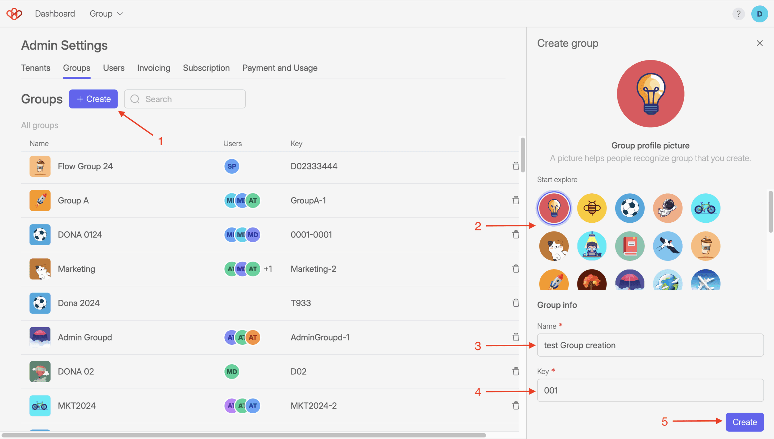 Wiresk's Group System 3 Screenshot of Wiresk admin settings, showing how to create a Group. Numbered red arrows show the step process.