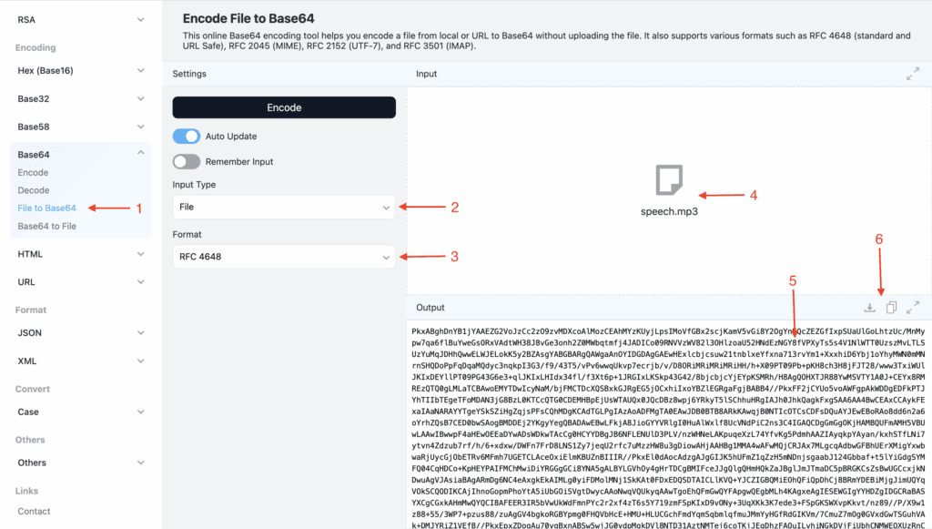 Screenshot of Github Encode file to base64. Numbered red arrows show the settings  of the encode process.