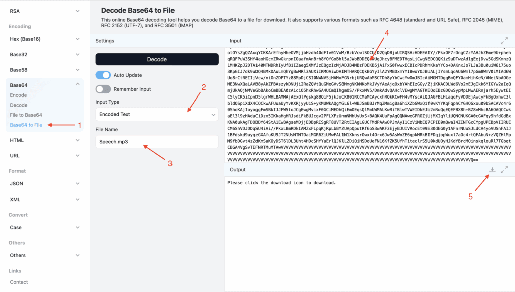 Screenshot of Github decode base64 to file. Numbered red arrows show the settings  of the decode process.