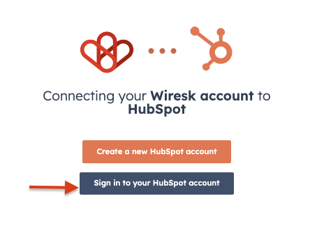 Screenshot of HubSpot Sign in screen. Connect your Wiresk account to HubSpot.