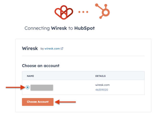 Screenshot of HubSpot Connection screen. Select the account to connect with Wiresk. Red arrows point to required fields for the process.