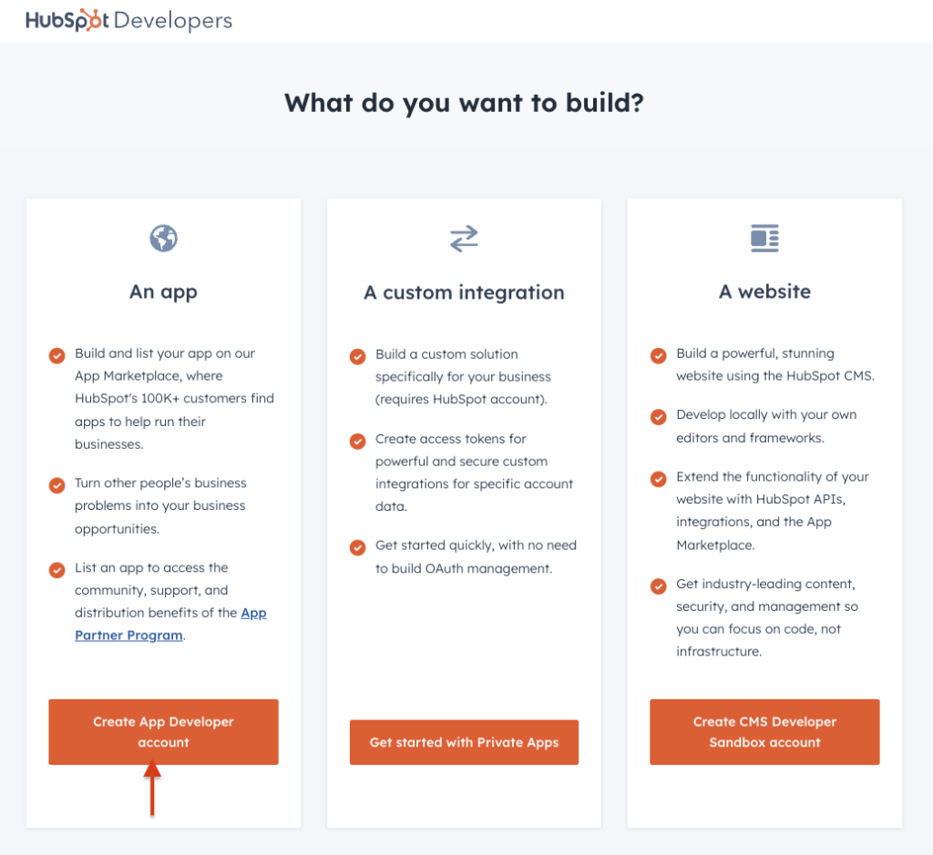 Screenshot from HubSpot developer page. Red arrow shows to click on "Create App Developer account".