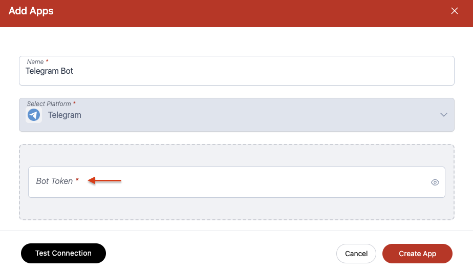 A screenshot of the Wiresk platform showing the process of adding a Telegram Bot app. The user is prompted to enter the bot token.