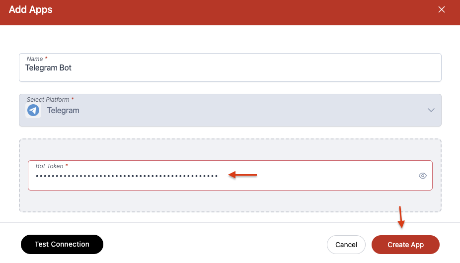 A screenshot of the Wiresk platform showing the process of adding a Telegram Bot app. The user has entered the bot token.