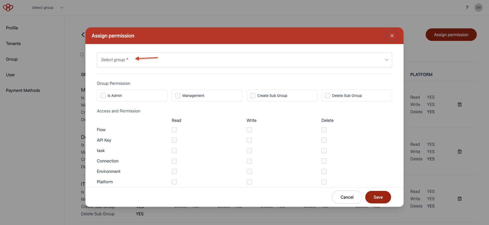 Screenshot of Wiresk group settings, showing with a red arrow where to select a group to assign permissions.