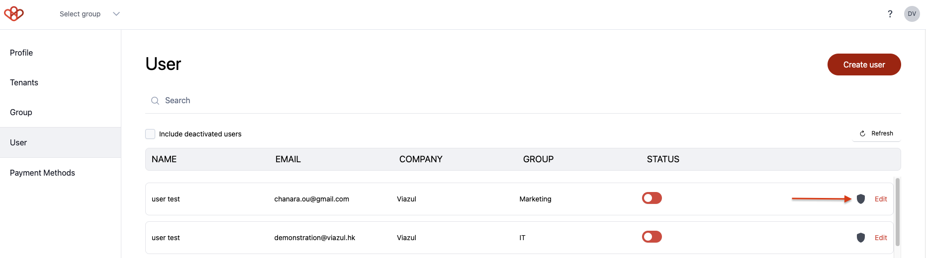 A screenshot of a user management screen in the Wiresk platform. It shows a list of users with their name, email, company, group, and status. There are options to search, filter deactivated users, and refresh the list. A "Create User" button is also visible.