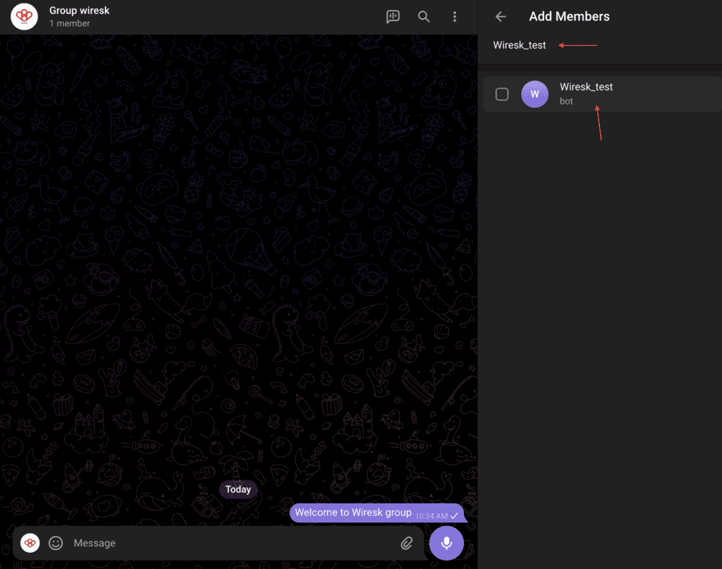 Screenshot from telegram web, of Wiresk group settings. it shows where to click to add a new member.