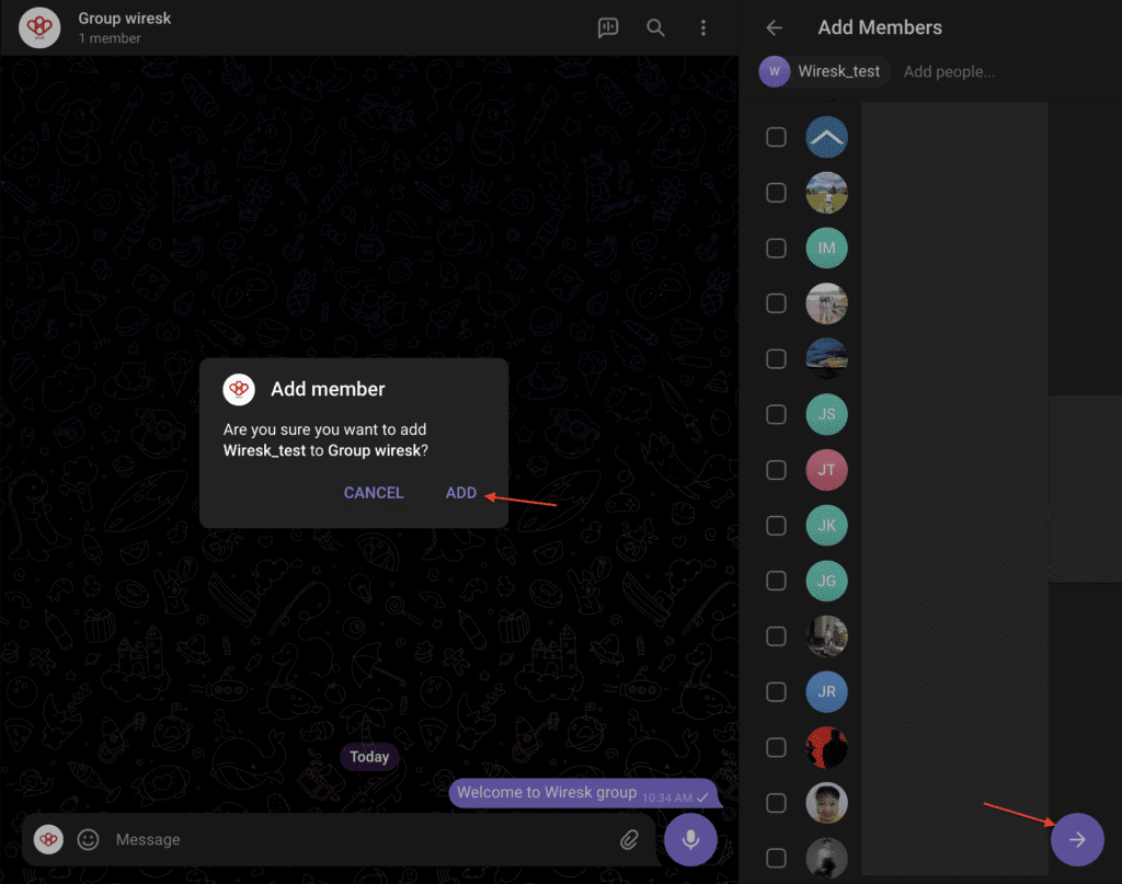 Screenshot from telegram web app, shows how to add a member in a telegram group.