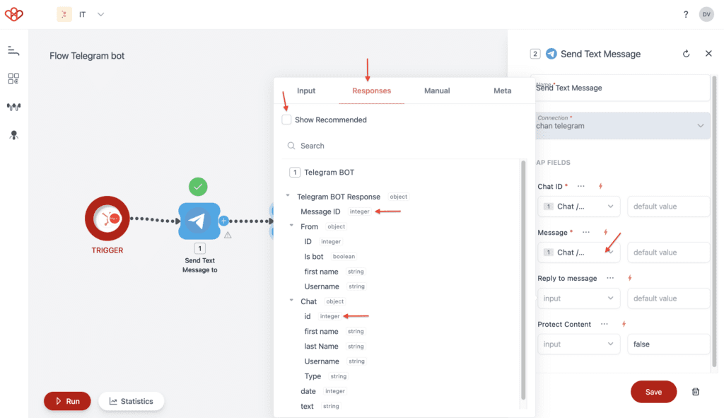 screenshot of wiresK interface builder, showing Method from Telegram boot, Send a text message.