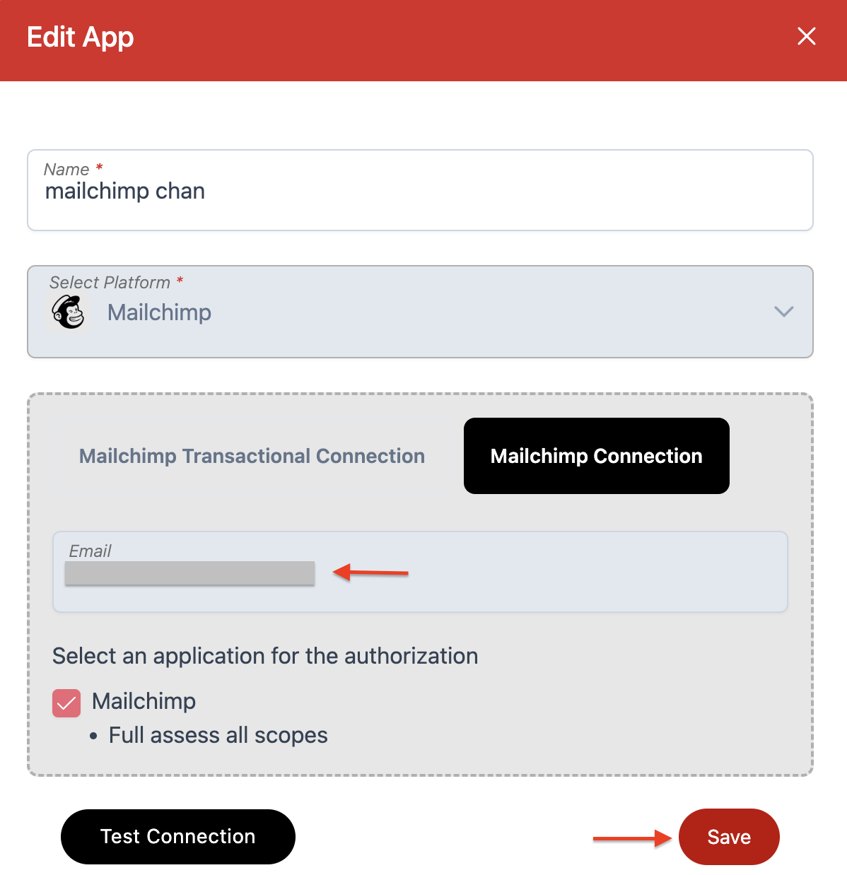 Screenshot of edit app in Wiresk. it shows a recap after connecting Mailchimp to Wiresk. 