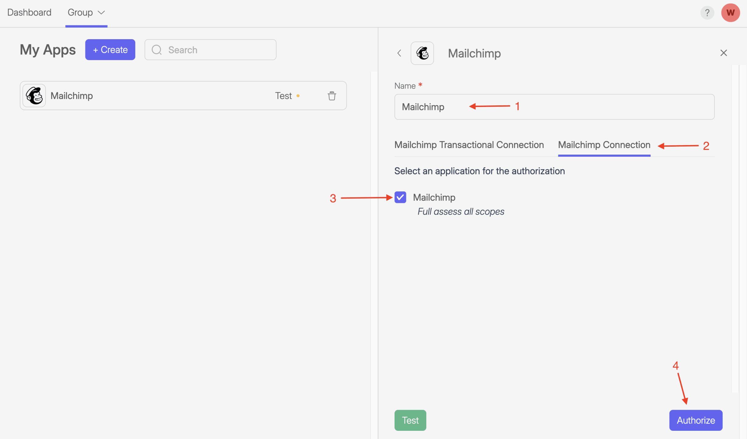 Screenshot of Wiresk apps connection. it shows how to set up the parameters with red arrows. enter name, select Mailchimp Connection button, select Mailchimp Authorization.
