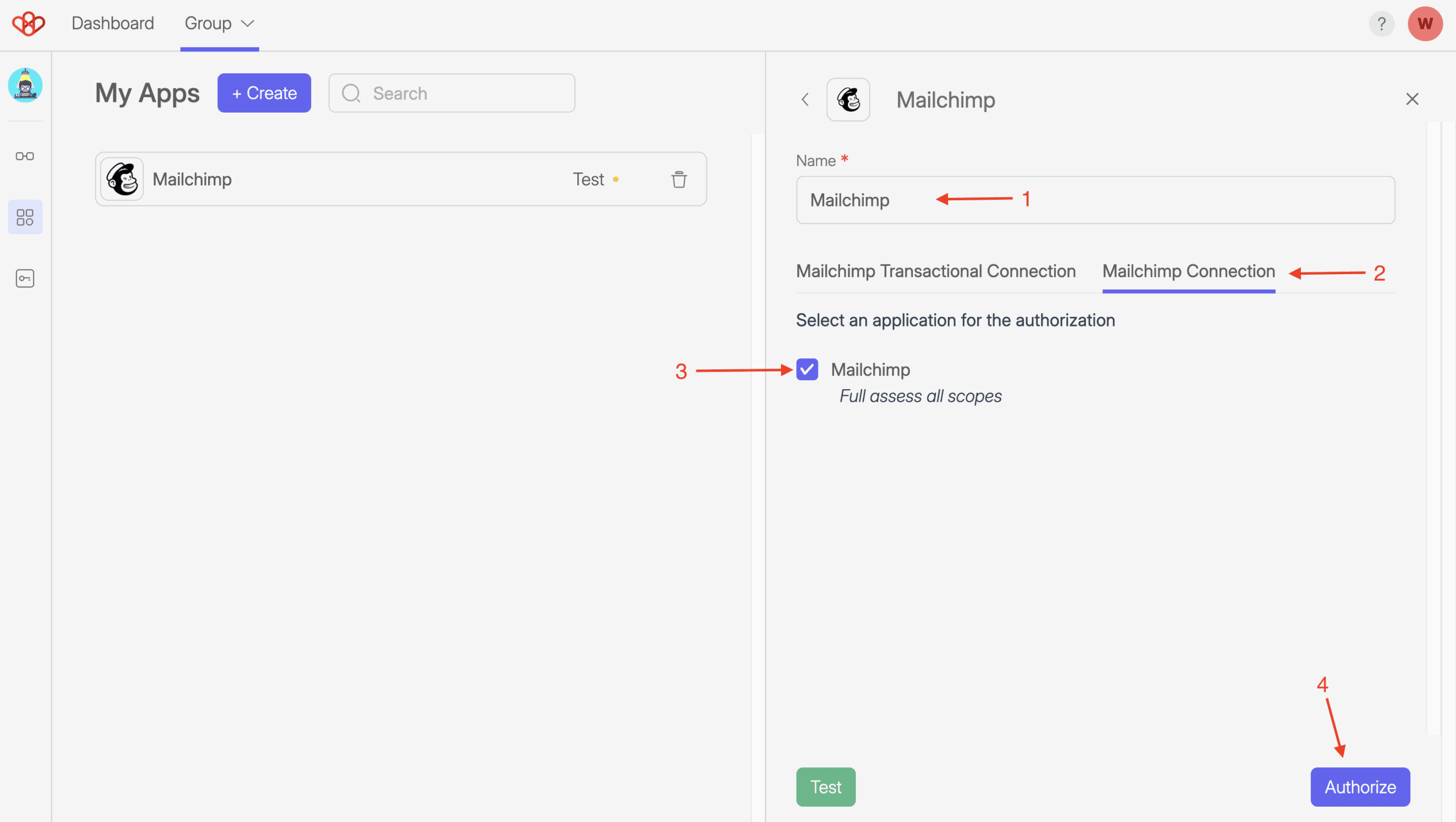 Mailchimp - Connection 4 Screenshot of Wiresk apps connection. it shows how to set up the parameters with red arrows. enter name, select Mailchimp Connection button, select Mailchimp Authorization.