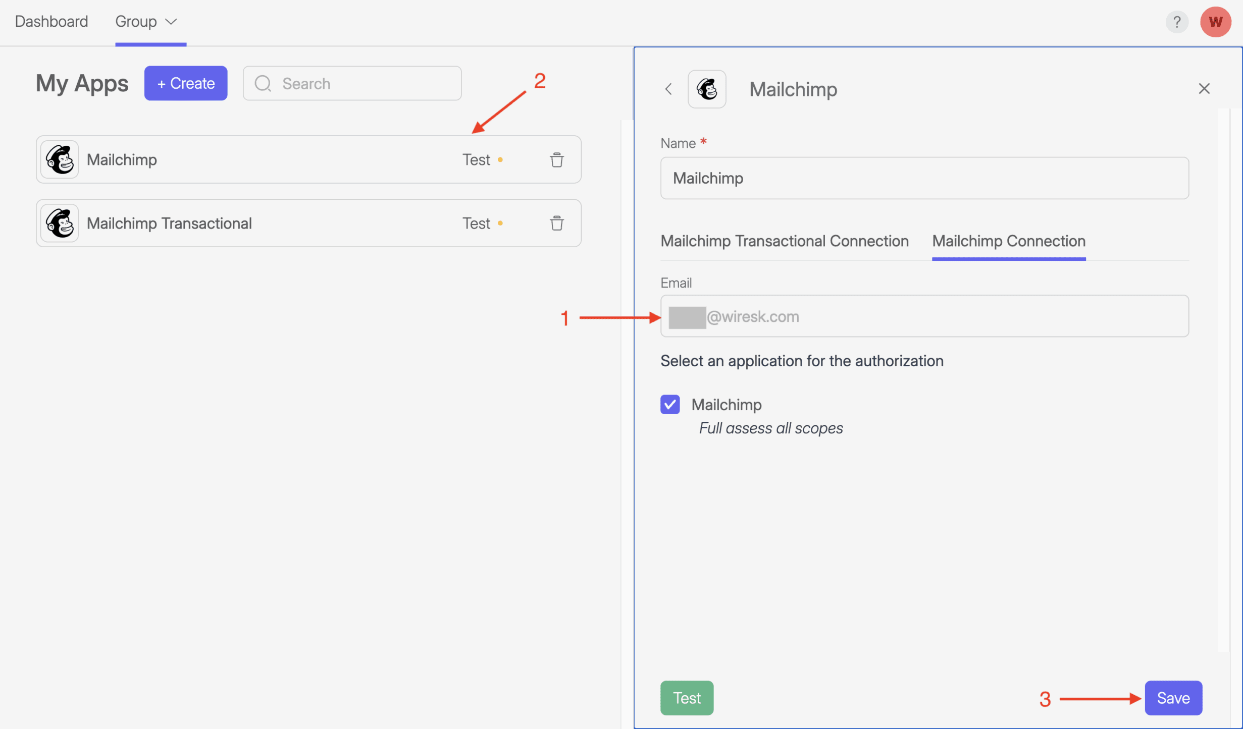 Screenshot of edit app in Wiresk. it shows a recap after connecting Mailchimp to Wiresk.