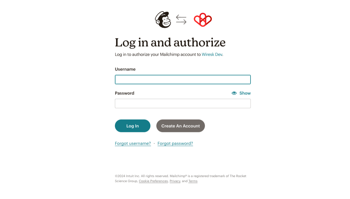 Screenshot of Authorization screen for Wiresk. It shows log in screen to Mailchimp account. you have choices to log in or create a new account.